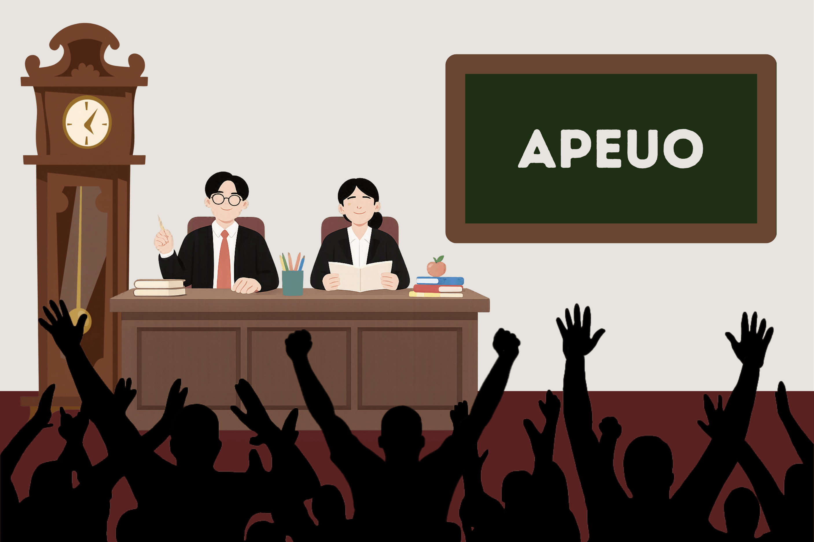 Deux professeurs assis à table en face d'une assemblée.