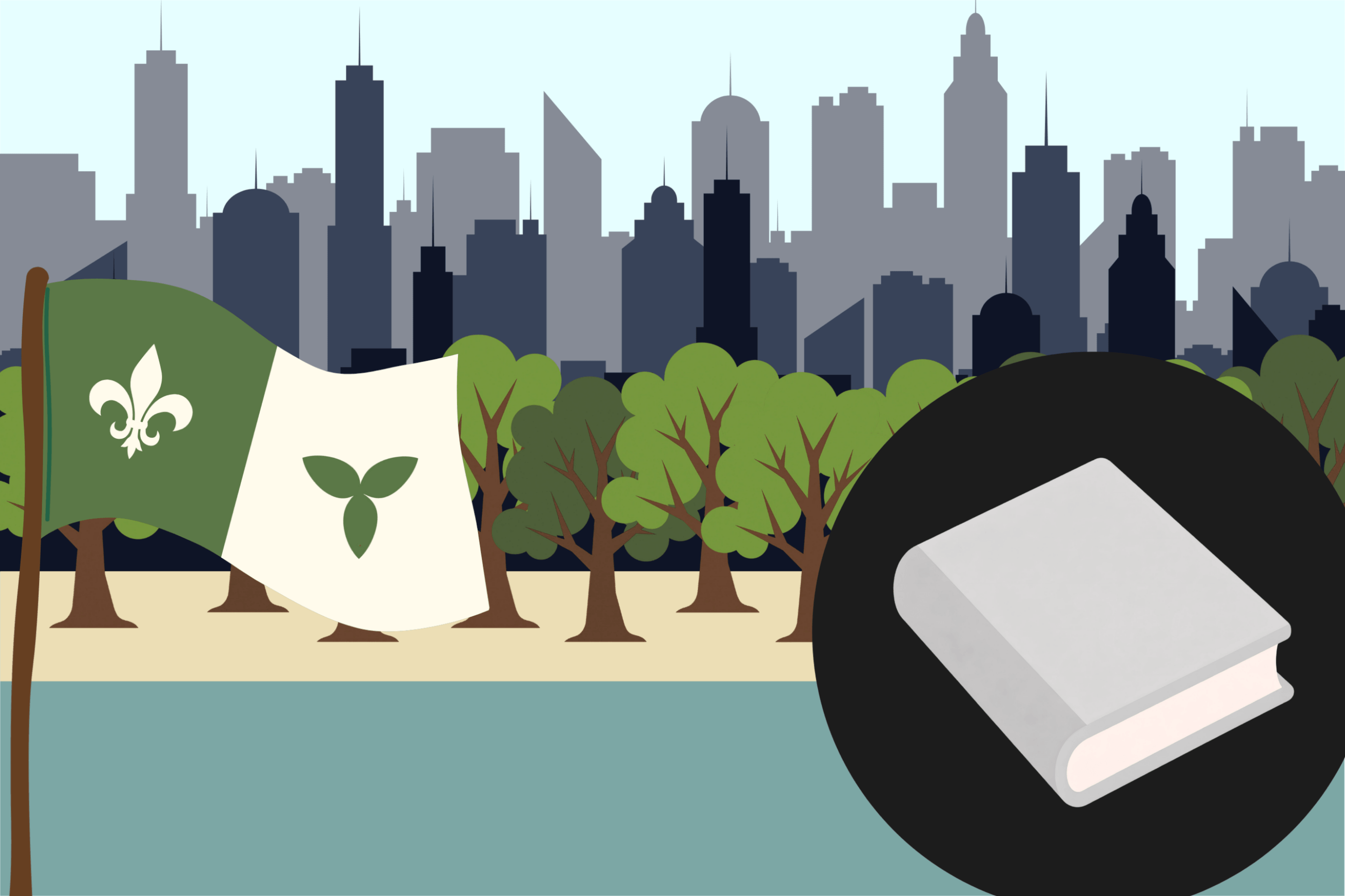 Illustration, livre blanc et drapeau franco-ontarien