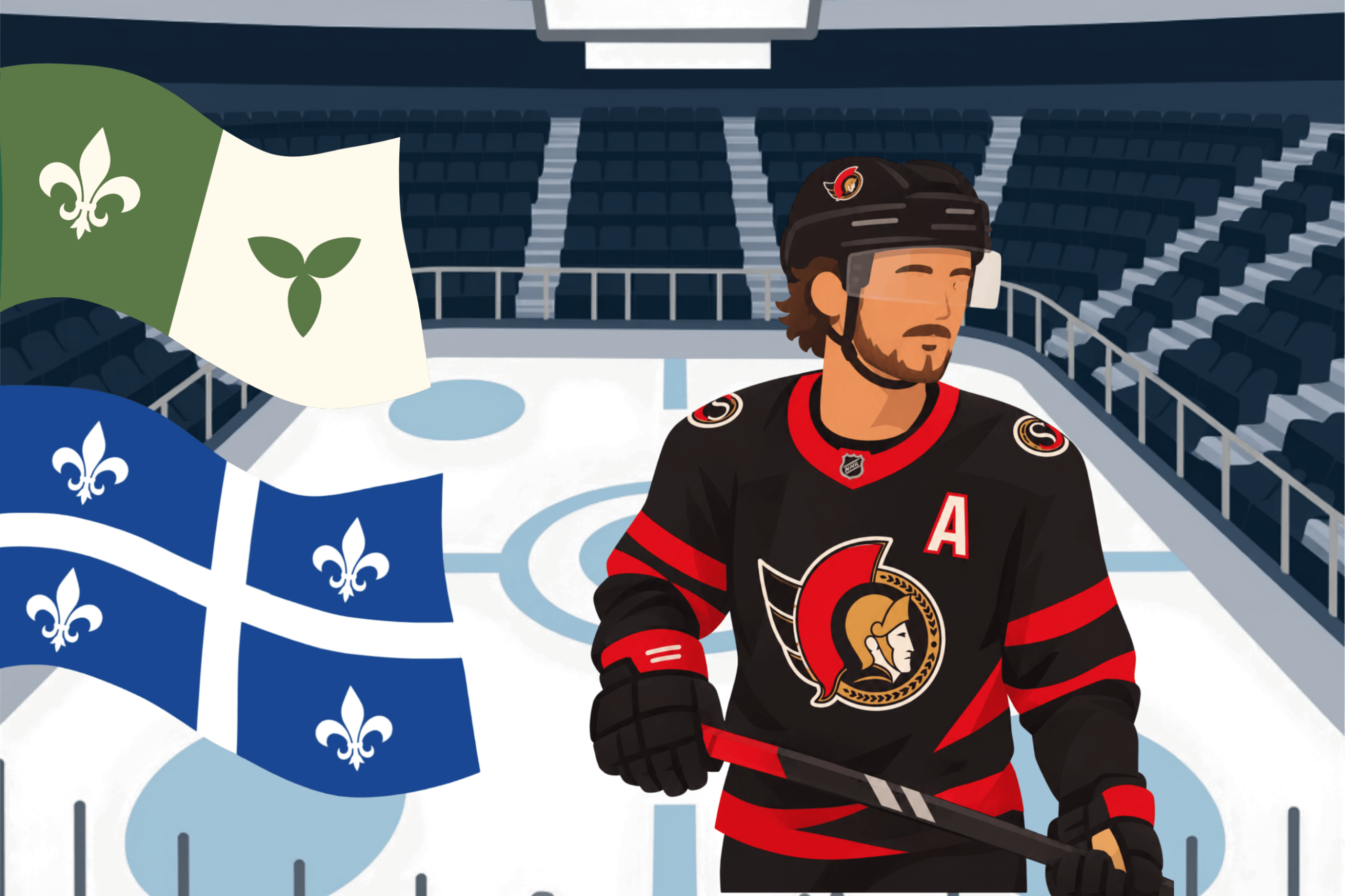 Illustration avec le capitaine des sens et les drapeaux Québécois et franco-ontariens