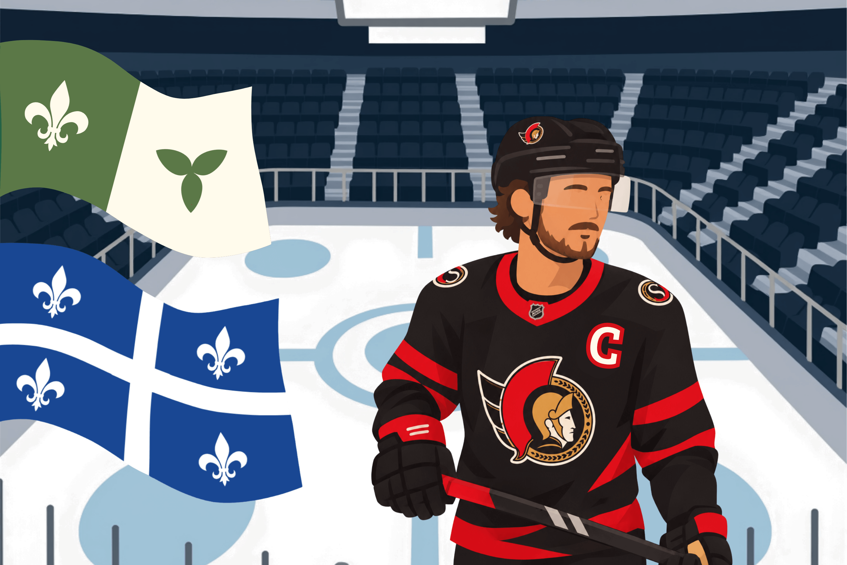 Illustration avec le capitaine des sens et les drapeaux Québécois et franco-ontariens