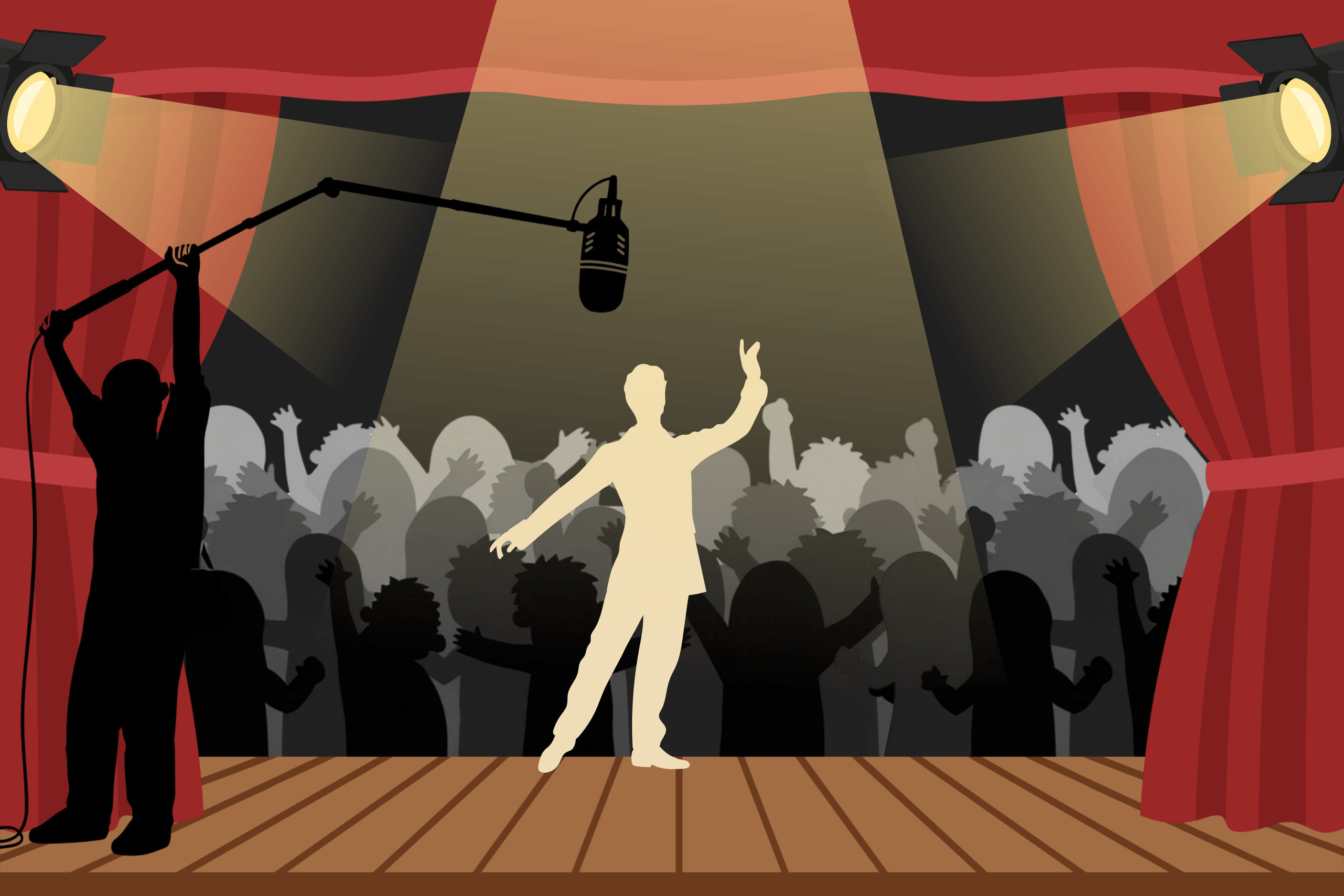 Illustration montrant une scène de théâtre, le public et la logistique en arrière de la scène.