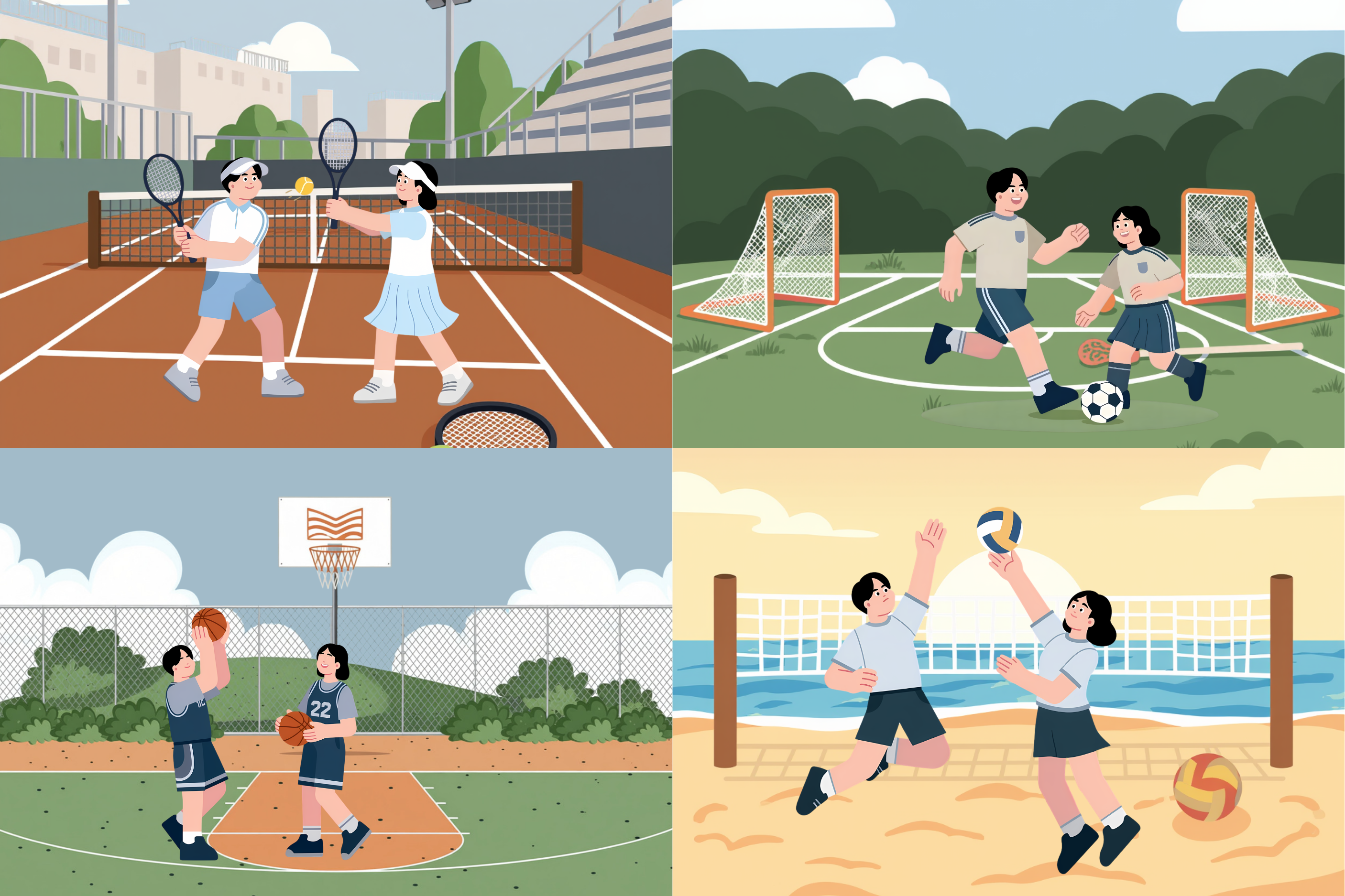 Collage de 4 illustrations montrant 4 sports différents