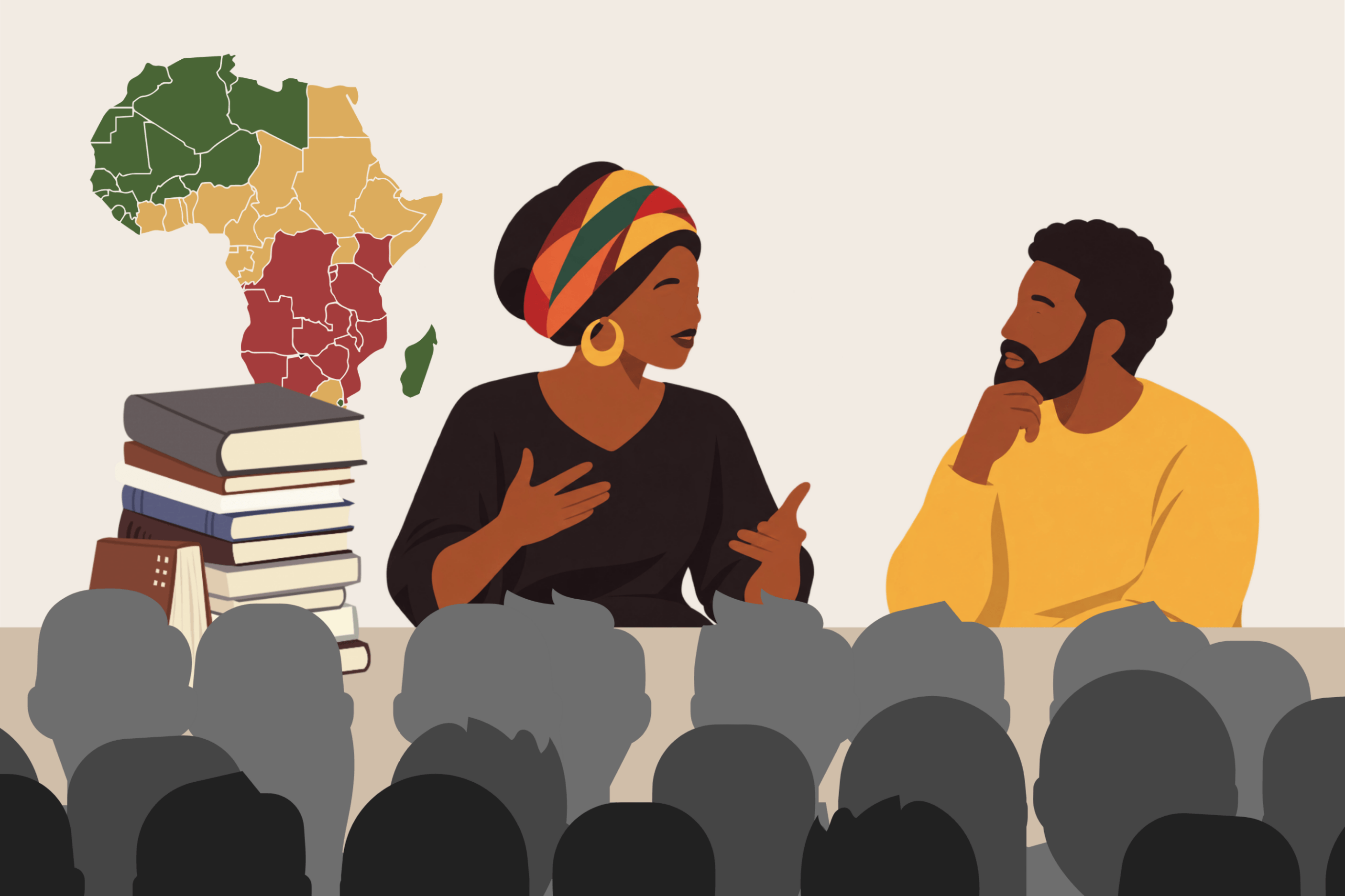 Ilustration montrant une femme et un homme et un acrte d'Afrique au dessus