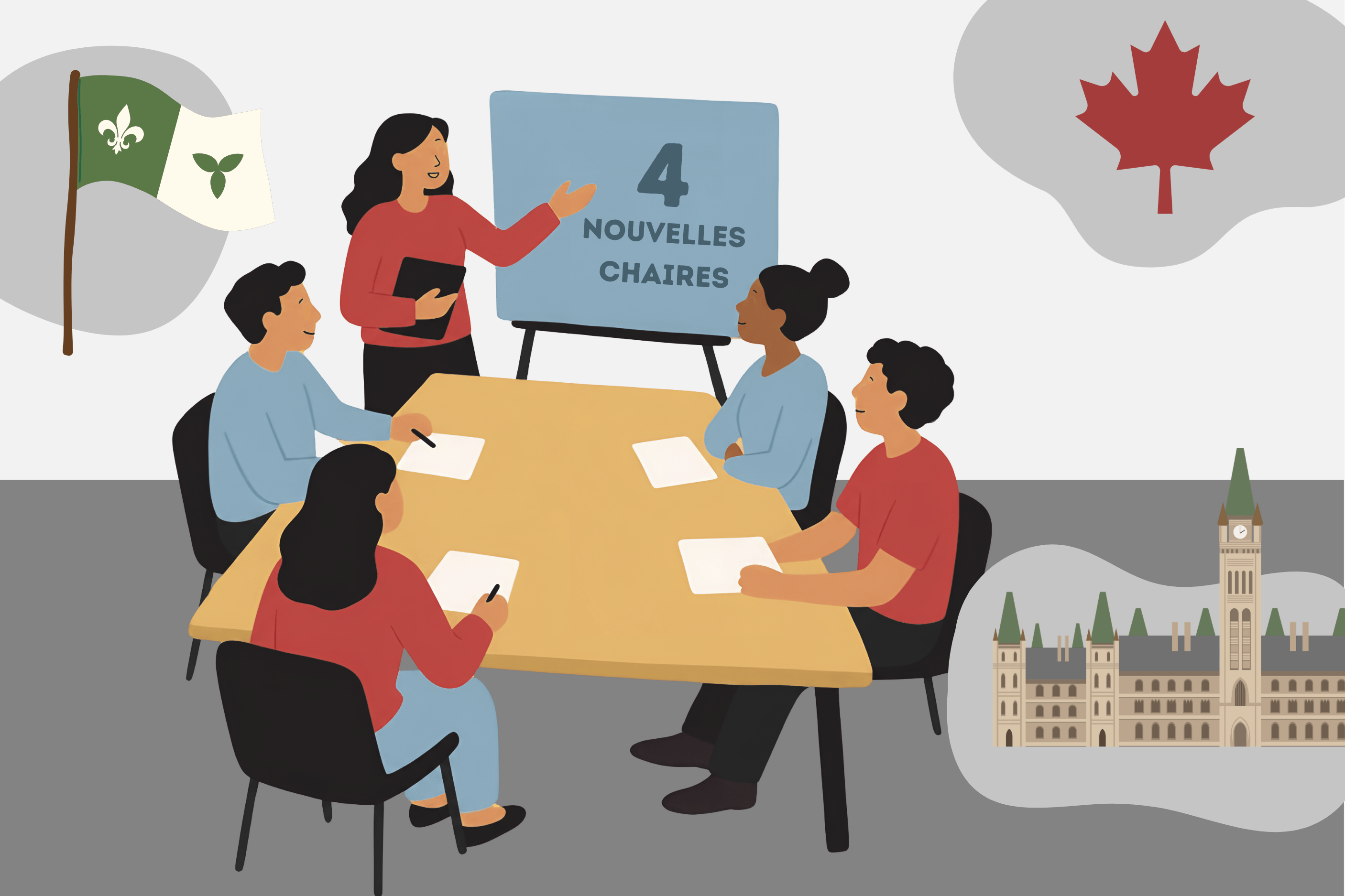 Illustration de 4 personnes assises à table et une personne arrêtée au tableau