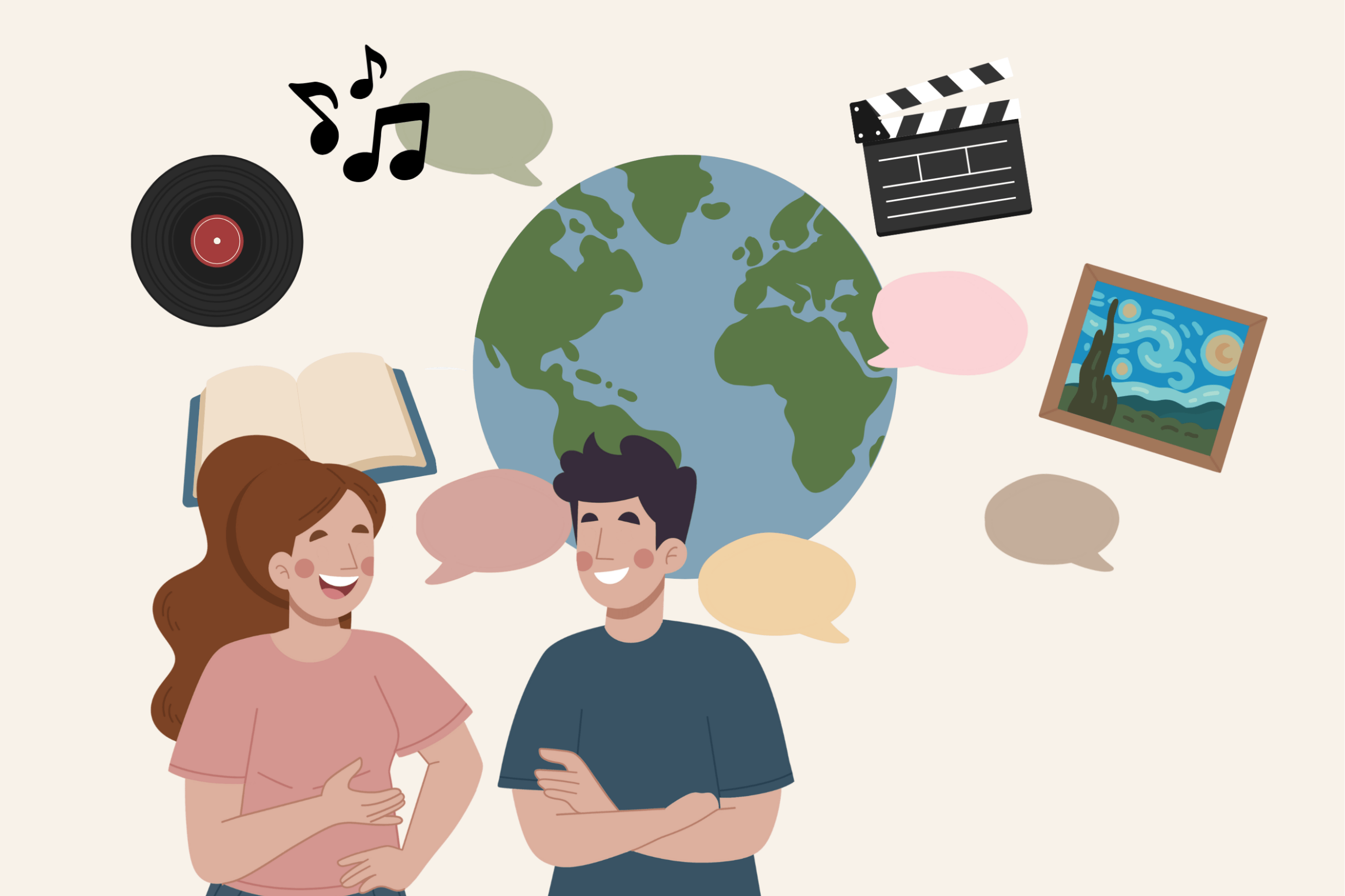 Illustration avec deux personnes qui discutent et un globe terrestre au dessus.