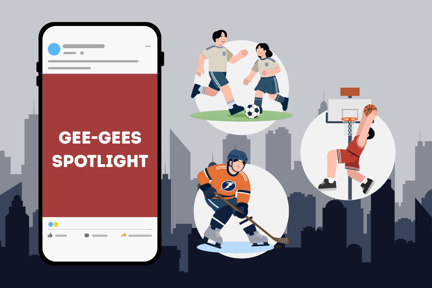 Illustration avec un téléphone à gauche et des équipes sportives à droite.